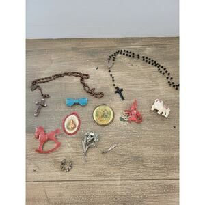 Lot Of Vintage Rosaries And Broaches And Pins And More